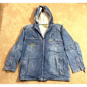 Vintage Rocawear Jean Jacket Hoodie Mens XL Embroidery Zip Sleeves Pockets EUC